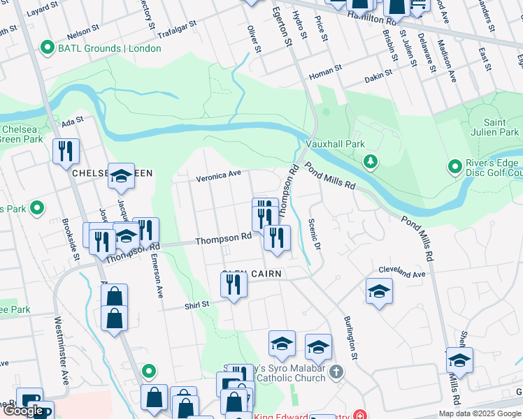 map of restaurants, bars, coffee shops, grocery stores, and more near 106 King Edward Avenue in London