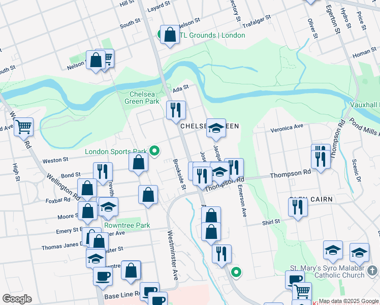 map of restaurants, bars, coffee shops, grocery stores, and more near 76 Adelaide Street South in London