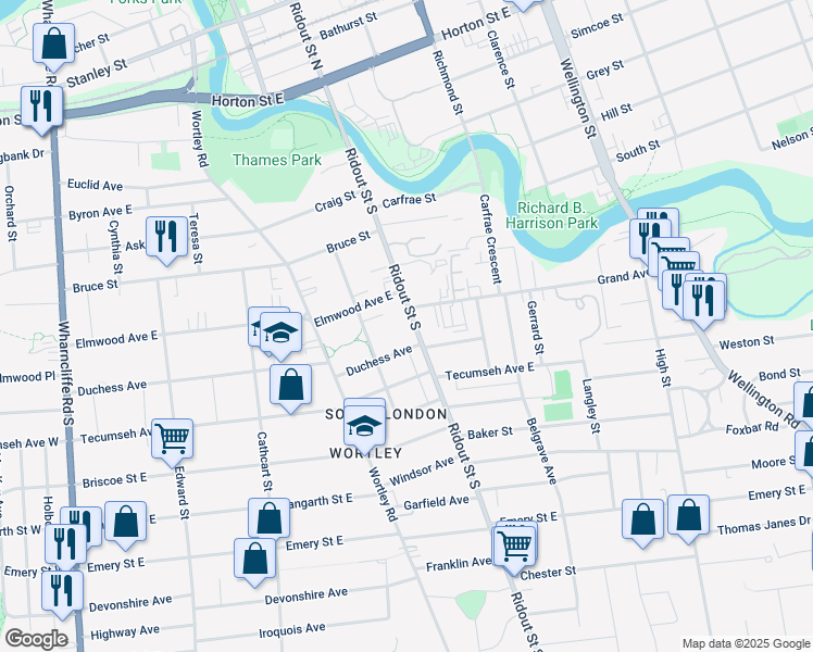 map of restaurants, bars, coffee shops, grocery stores, and more near 161 Ridout Street South in London