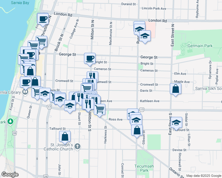 map of restaurants, bars, coffee shops, grocery stores, and more near 379 Davis Street in Sarnia
