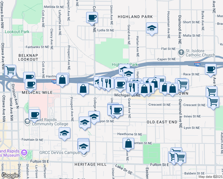 map of restaurants, bars, coffee shops, grocery stores, and more near 430 Union Avenue Northeast in Grand Rapids