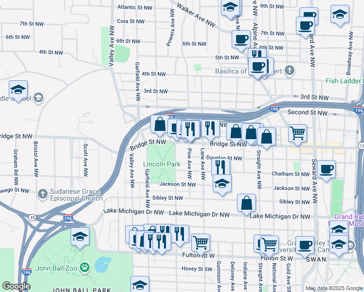 map of restaurants, bars, coffee shops, grocery stores, and more near 346 Marion Avenue Northwest in Grand Rapids