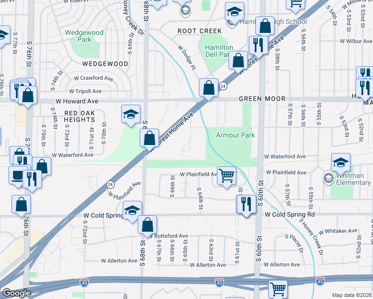map of restaurants, bars, coffee shops, grocery stores, and more near 4085 South 65th Street in Greenfield