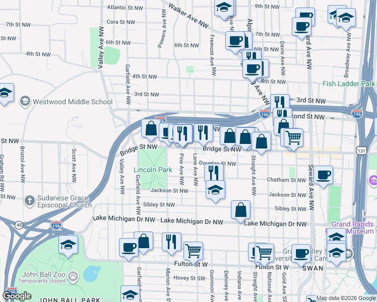 map of restaurants, bars, coffee shops, grocery stores, and more near 346 Pine Avenue Northwest in Grand Rapids