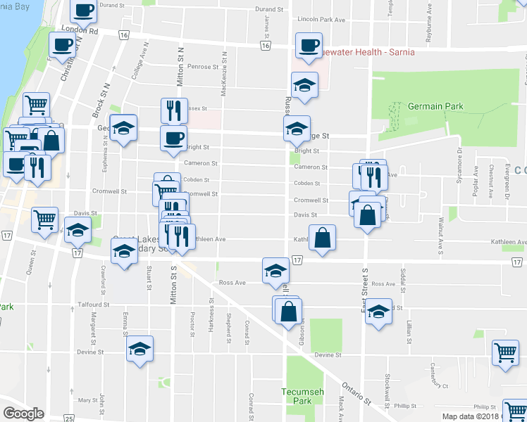 map of restaurants, bars, coffee shops, grocery stores, and more near 426 Davis Street in Sarnia