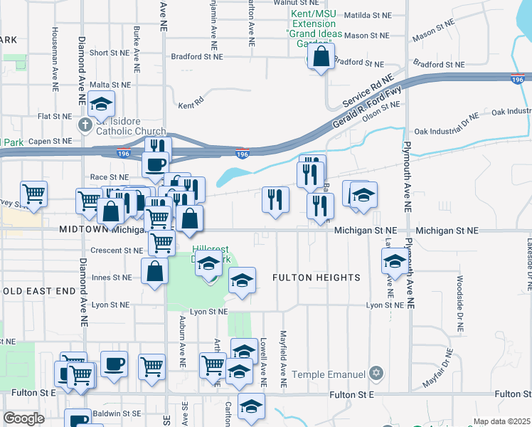 map of restaurants, bars, coffee shops, grocery stores, and more near 1455 Michigan St NE in Grand Rapids
