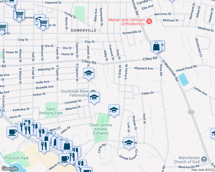 map of restaurants, bars, coffee shops, grocery stores, and more near 170 Leewood Street in Manchester