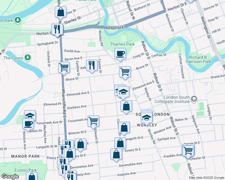 map of restaurants, bars, coffee shops, grocery stores, and more near 115 Elmwood Avenue East in London