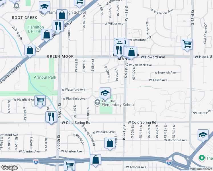 map of restaurants, bars, coffee shops, grocery stores, and more near 5313 West Tesch Avenue in Milwaukee