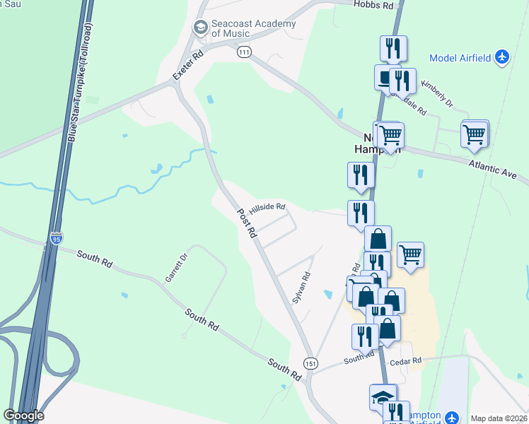map of restaurants, bars, coffee shops, grocery stores, and more near 5 Hillside Road in North Hampton