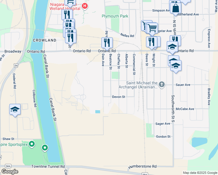 map of restaurants, bars, coffee shops, grocery stores, and more near 246 Beatrice Street in Welland