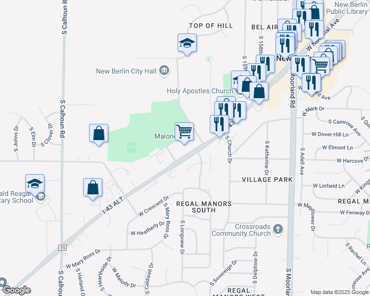 map of restaurants, bars, coffee shops, grocery stores, and more near 16300 West National Avenue in New Berlin
