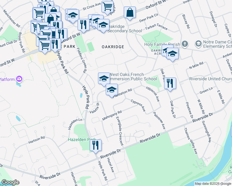 map of restaurants, bars, coffee shops, grocery stores, and more near 991 Plantation Road in London