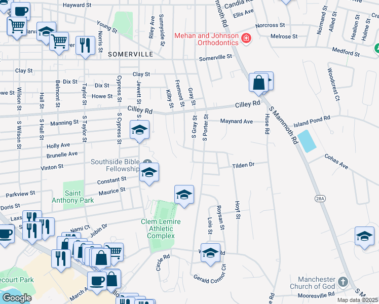 map of restaurants, bars, coffee shops, grocery stores, and more near 170 Leewood Street in Manchester