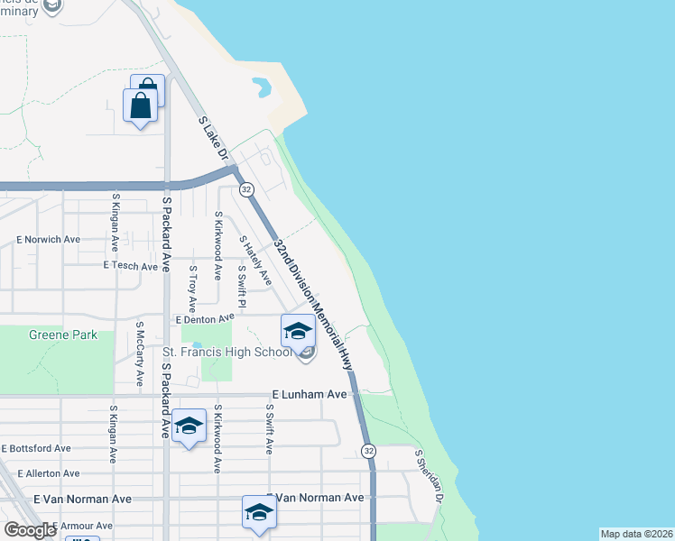 map of restaurants, bars, coffee shops, grocery stores, and more near 4100 South Lake Drive in Saint Francis