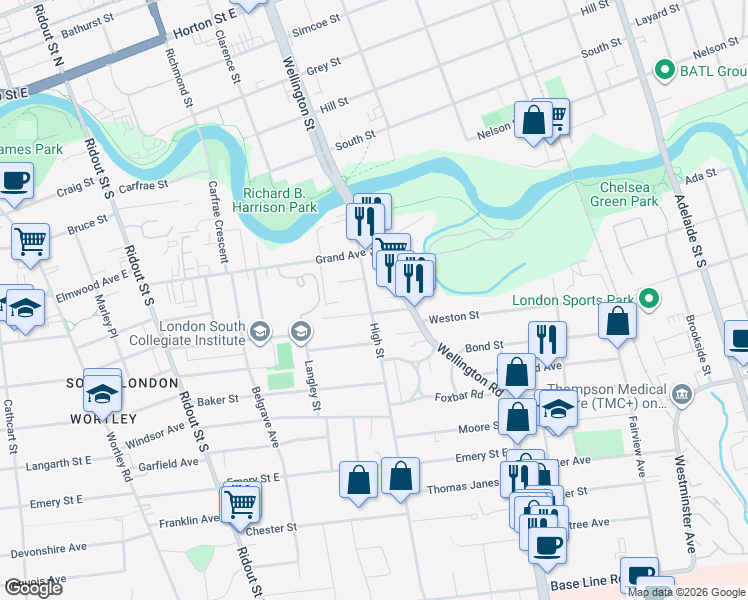 map of restaurants, bars, coffee shops, grocery stores, and more near 84 High Street in London