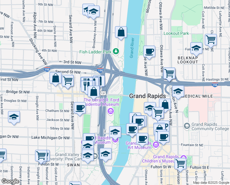 map of restaurants, bars, coffee shops, grocery stores, and more near 377 Bridge Street Northwest in Grand Rapids