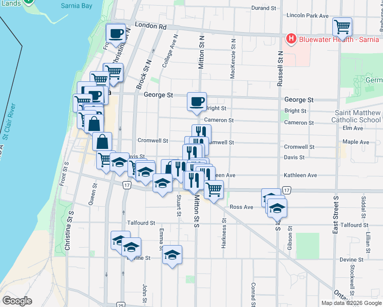 map of restaurants, bars, coffee shops, grocery stores, and more near 302 Davis Street in Sarnia