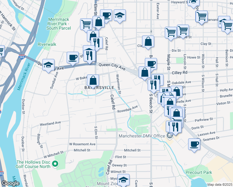 map of restaurants, bars, coffee shops, grocery stores, and more near 25 Randall Street in Manchester