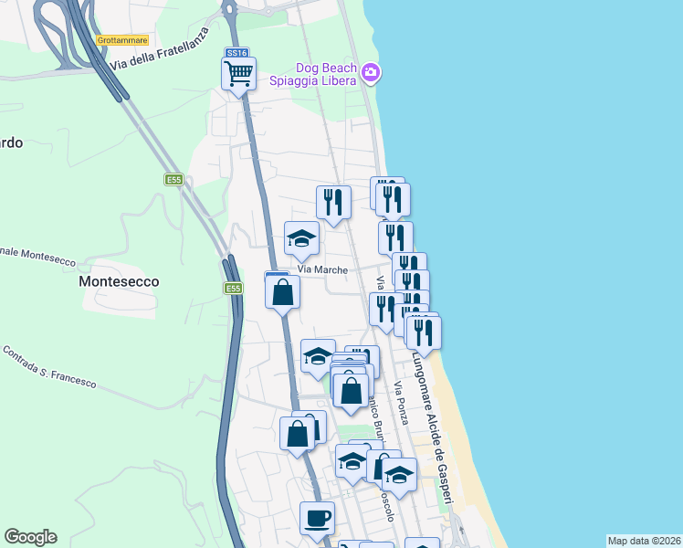 map of restaurants, bars, coffee shops, grocery stores, and more near 38 Via Marche in Grottammare