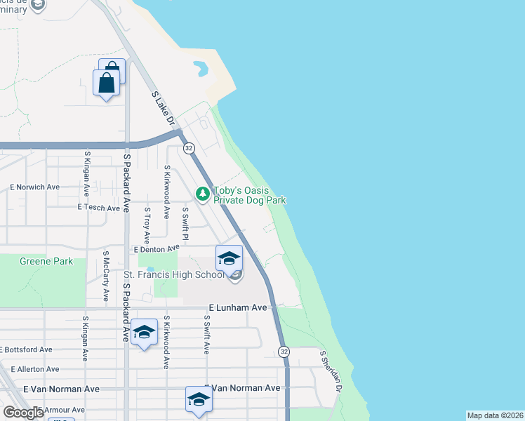 map of restaurants, bars, coffee shops, grocery stores, and more near 4100 South Lake Drive in Saint Francis