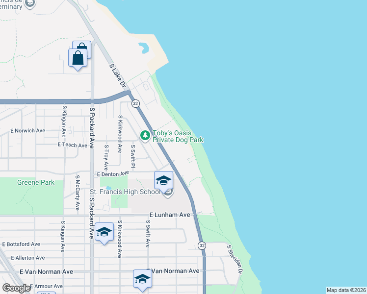 map of restaurants, bars, coffee shops, grocery stores, and more near 4100 South Lake Drive in Saint Francis