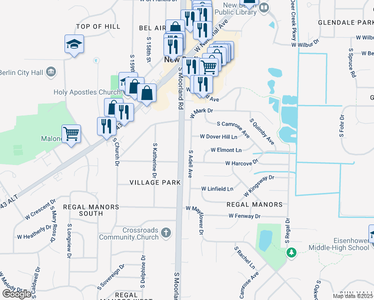 map of restaurants, bars, coffee shops, grocery stores, and more near 4040 South Moorland Road in New Berlin