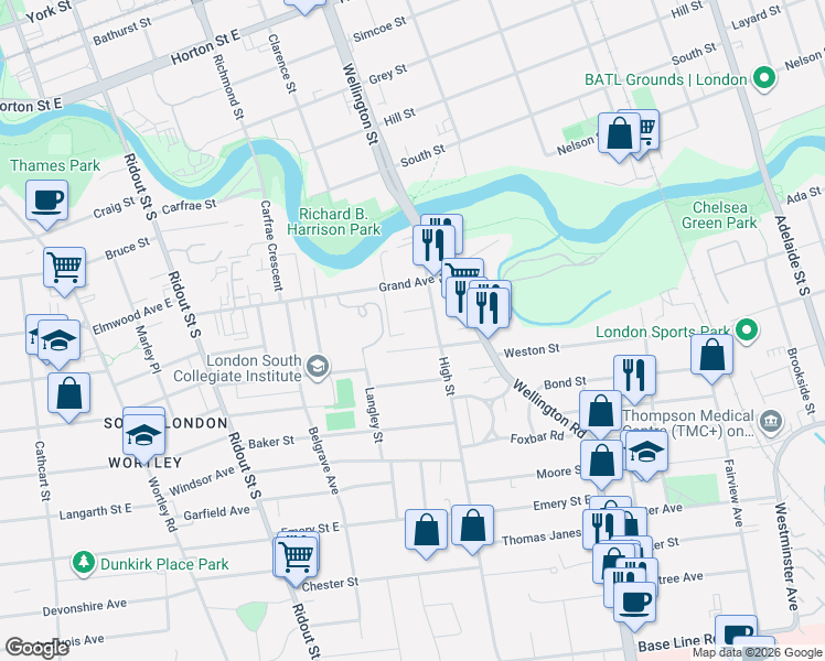 map of restaurants, bars, coffee shops, grocery stores, and more near 93 High Street in London