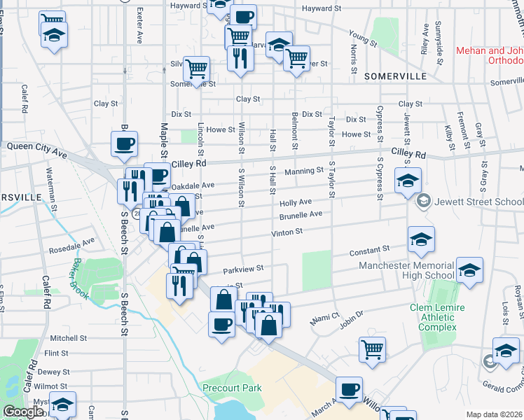 map of restaurants, bars, coffee shops, grocery stores, and more near 137 South Hall Street in Manchester