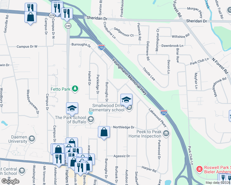 map of restaurants, bars, coffee shops, grocery stores, and more near 22 North Burbank Drive in Erie County