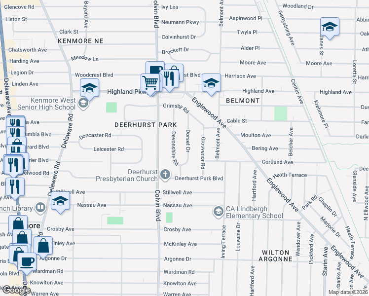 map of restaurants, bars, coffee shops, grocery stores, and more near 65 Devonshire Road in Buffalo