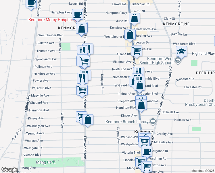 map of restaurants, bars, coffee shops, grocery stores, and more near 134 West Girard Boulevard in Buffalo