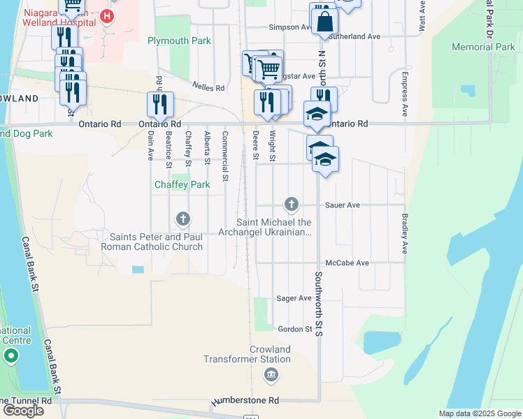 map of restaurants, bars, coffee shops, grocery stores, and more near 436 Wright Street in Welland
