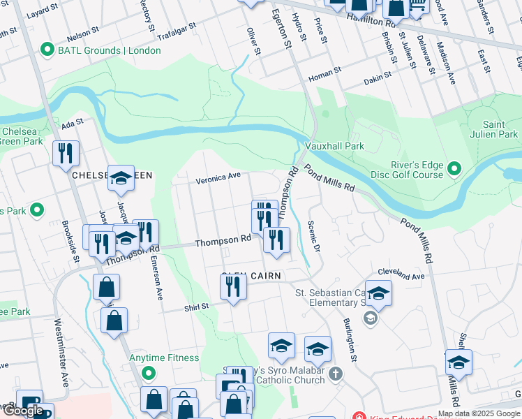 map of restaurants, bars, coffee shops, grocery stores, and more near 106 King Edward Avenue in London