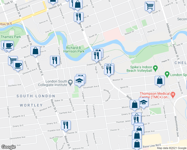 map of restaurants, bars, coffee shops, grocery stores, and more near 100 McClary Avenue in London
