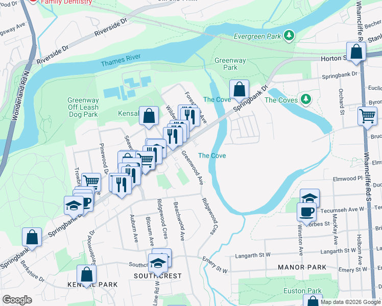 map of restaurants, bars, coffee shops, grocery stores, and more near 228 Greenwood Avenue in London