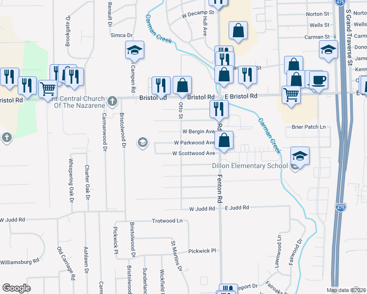 map of restaurants, bars, coffee shops, grocery stores, and more near 1070 West Scottwood Avenue in Flint