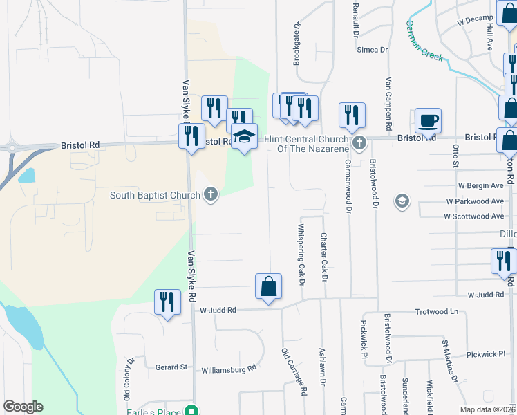 map of restaurants, bars, coffee shops, grocery stores, and more near 1446 Mark Street in Flint