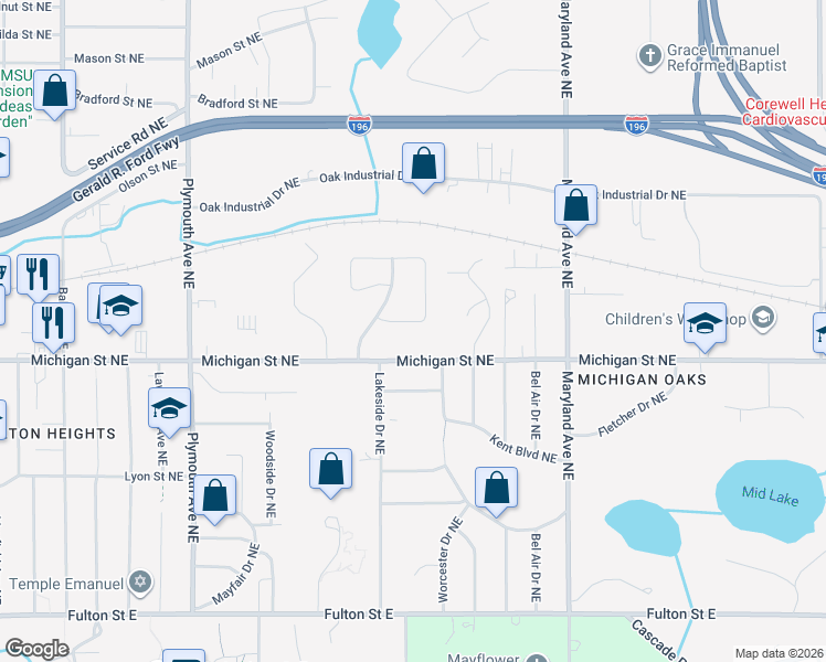 map of restaurants, bars, coffee shops, grocery stores, and more near 2121 Michigan Street Northeast in Grand Rapids