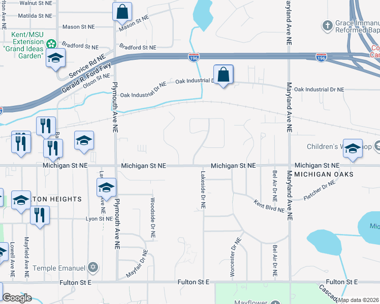 map of restaurants, bars, coffee shops, grocery stores, and more near 421 Lakeside Drive Northeast in Grand Rapids
