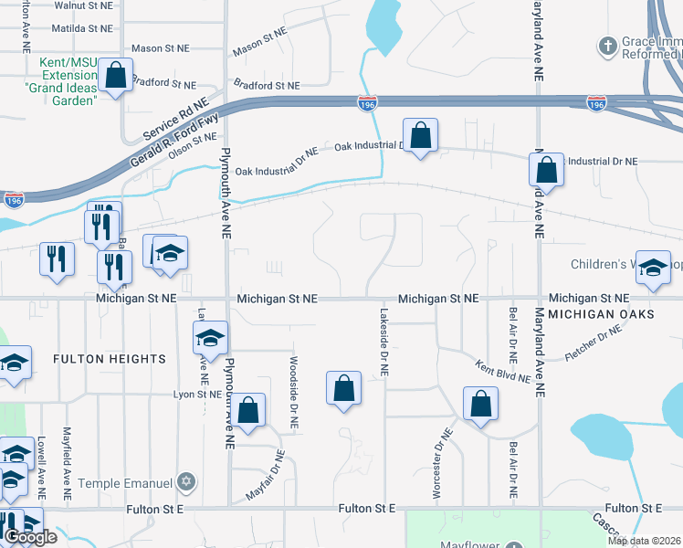 map of restaurants, bars, coffee shops, grocery stores, and more near 1955 Michigan Street Northeast in Grand Rapids