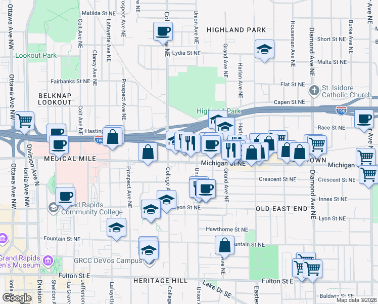 map of restaurants, bars, coffee shops, grocery stores, and more near 430 Union Avenue Northeast in Grand Rapids