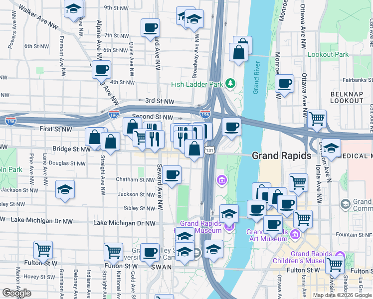 map of restaurants, bars, coffee shops, grocery stores, and more near 428 Bridge Street Northwest in Grand Rapids