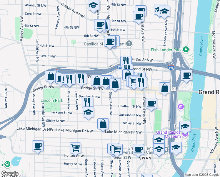 map of restaurants, bars, coffee shops, grocery stores, and more near 754 Bridge Street Northwest in Grand Rapids