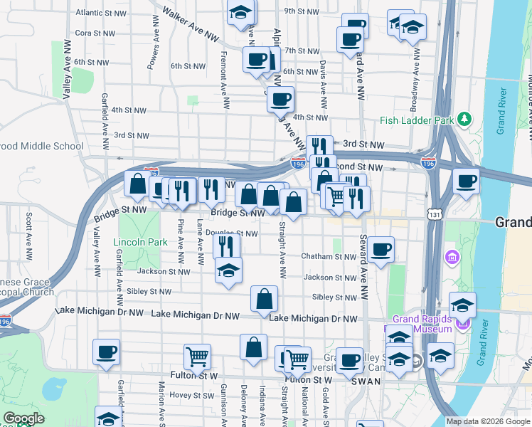 map of restaurants, bars, coffee shops, grocery stores, and more near 828 Indiana Avenue Northwest in Grand Rapids