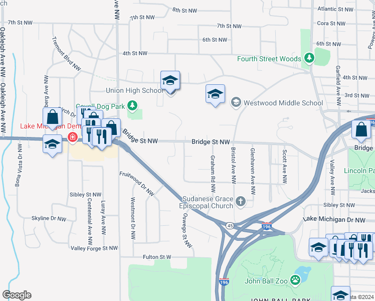 map of restaurants, bars, coffee shops, grocery stores, and more near 333 Lenora Avenue Northwest in Grand Rapids