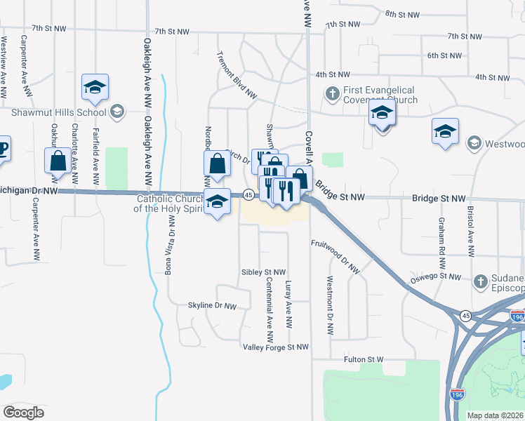 map of restaurants, bars, coffee shops, grocery stores, and more near 2125 Cayuga Street Northwest in Grand Rapids