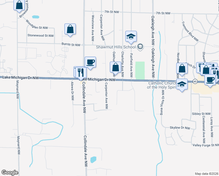 map of restaurants, bars, coffee shops, grocery stores, and more near 319 Carpenter Avenue Northwest in Grand Rapids