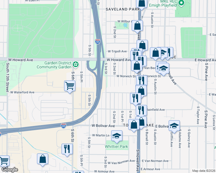 map of restaurants, bars, coffee shops, grocery stores, and more near 4053 South 2nd Street in Milwaukee