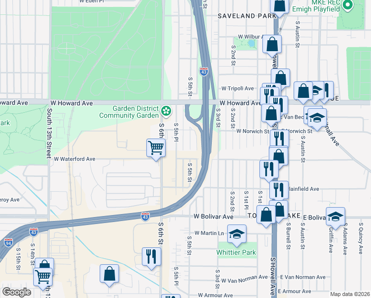 map of restaurants, bars, coffee shops, grocery stores, and more near 4054 South 5th Place in Milwaukee
